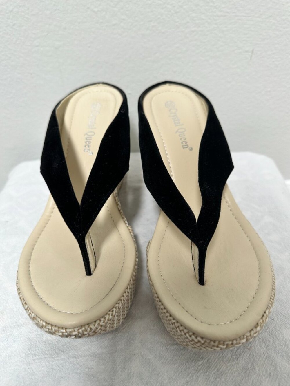 Crystal Queen Black Velvet Wedge Thong Sandals Size 8